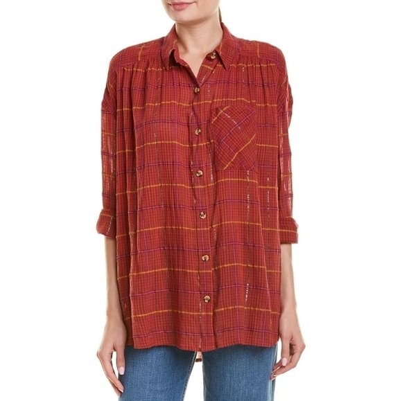 Free People Break My Stride red plaid shirt button down oversized medium - Picture 9 of 9